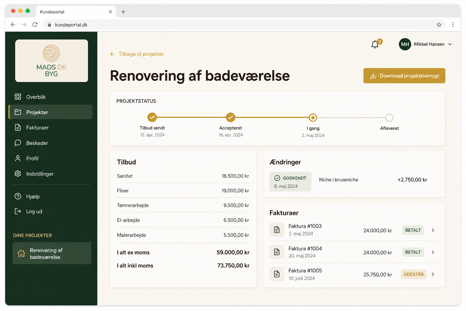 Eksempel på kundeportal hos Mads Byg med projektstatus, tilbud og fakturaer
